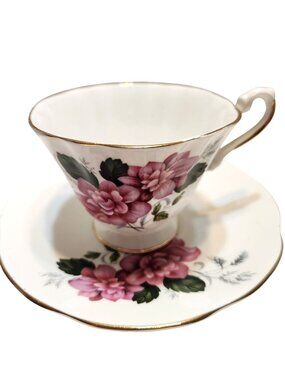 Vintage Royal Dover Bone China Teacup & Saucer Set Pink Floral Design Gold Trim